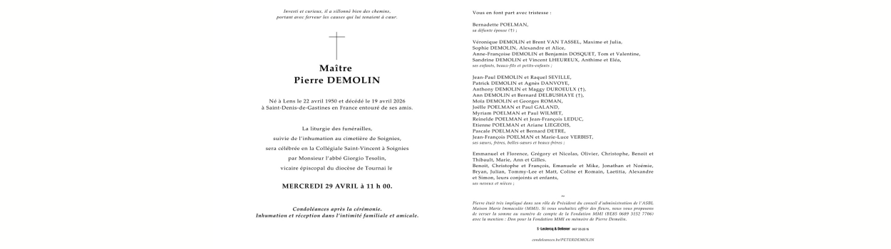 Décès de Monsieur Pierre Demolin, Président du conseil d'administration